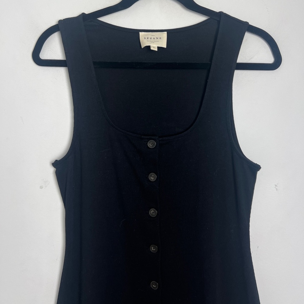 Sezane Size XL Black Fabiola Sleeveless Cotton Ribbed Button Front Midi Dress - Picture 5 of 13